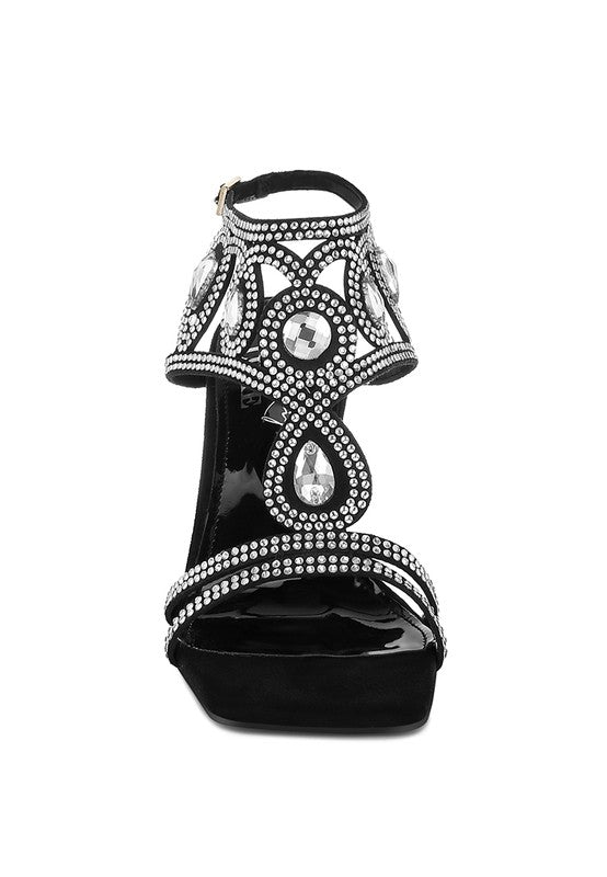 Women Fialka Diamante Rhinestones Square Toe Stiletto Sandals Zarnesh