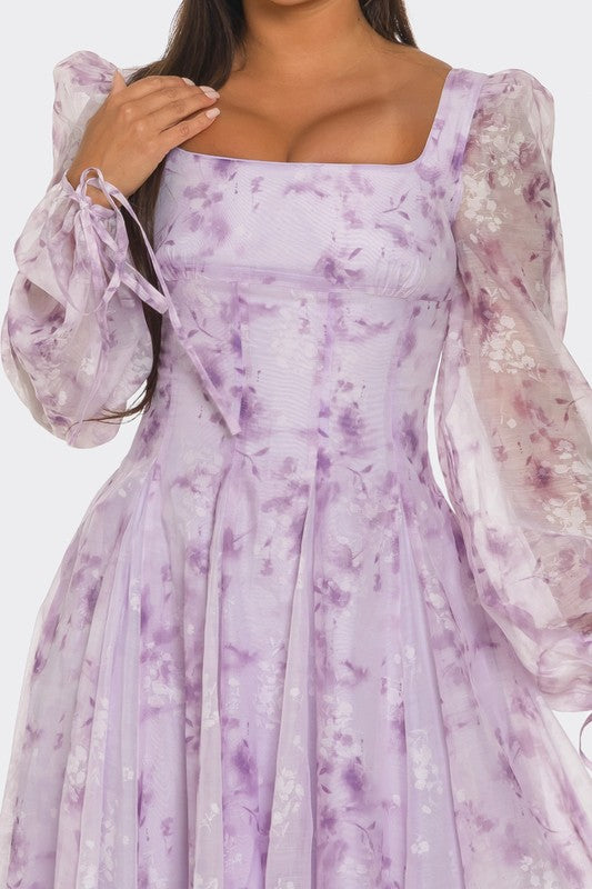 Women Fitted Bodice Square Neckline Lavender Blossom Puff Sleeve Dress Zarnesh
