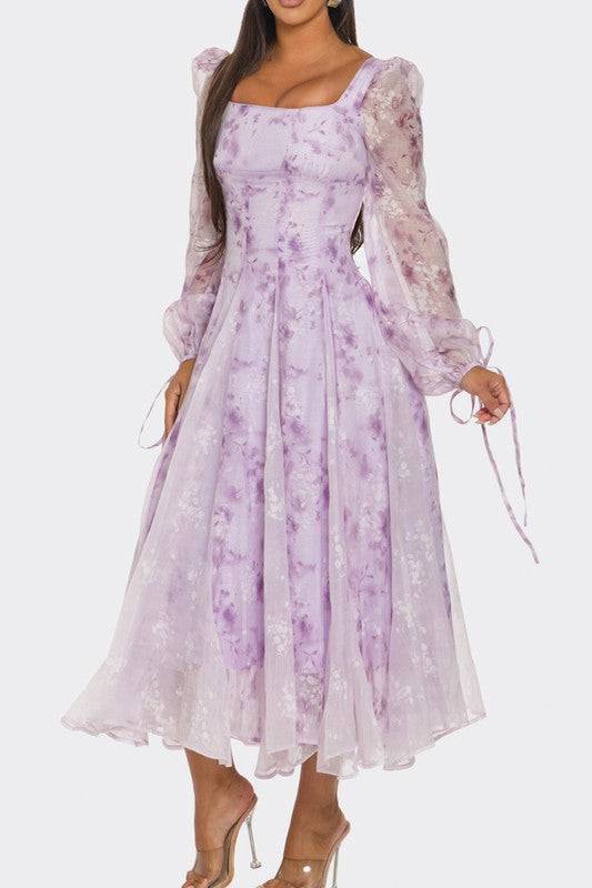 Women Fitted Bodice Square Neckline Lavender Blossom Puff Sleeve Dress Zarnesh