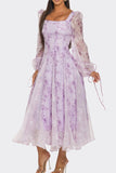 Women Fitted Bodice Square Neckline Lavender Blossom Puff Sleeve Dress Zarnesh