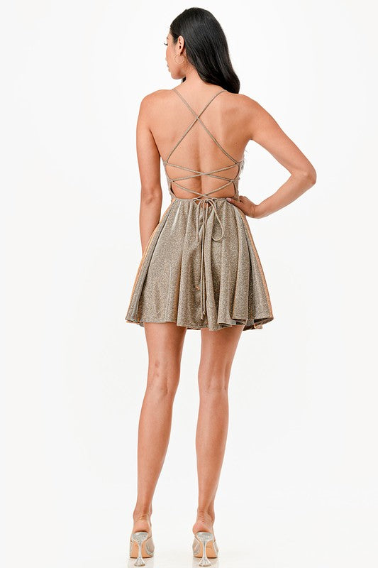 Women Flattering Fit Sparkling Spaghetti Strap Cocktail Dress Zarnesh