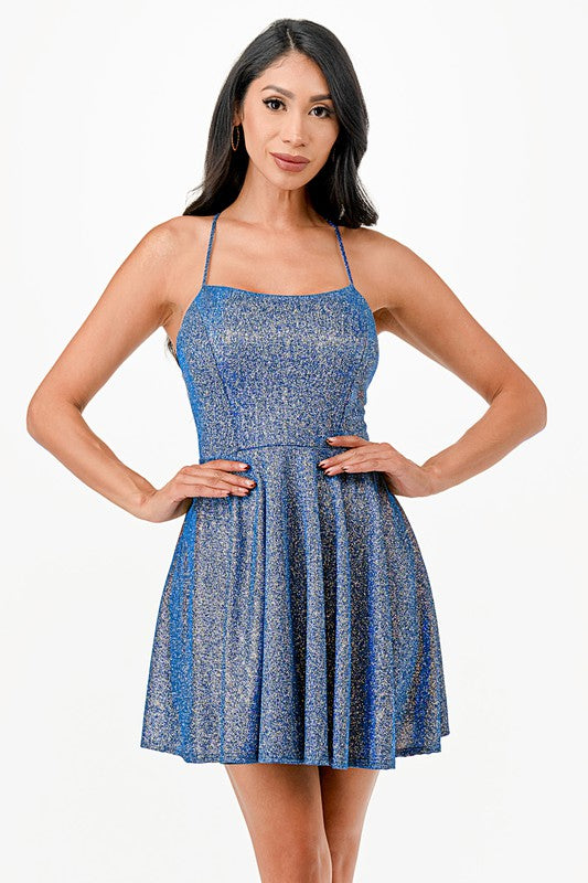 Women Flattering Fit Sparkling Spaghetti Strap Cocktail Dress Zarnesh