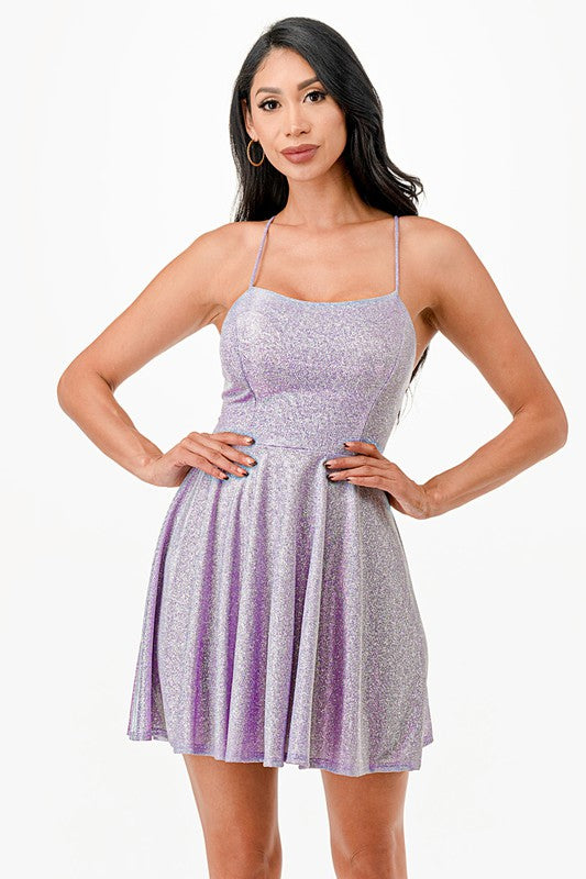 Women Flattering Fit Sparkling Spaghetti Strap Cocktail Dress Zarnesh