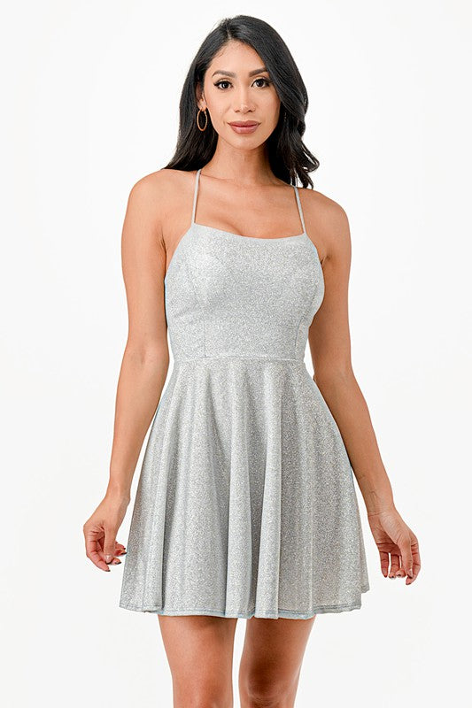 Women Flattering Fit Sparkling Spaghetti Strap Cocktail Dress Zarnesh