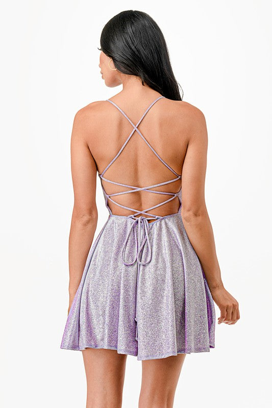 Women Flattering Fit Sparkling Spaghetti Strap Cocktail Dress Zarnesh