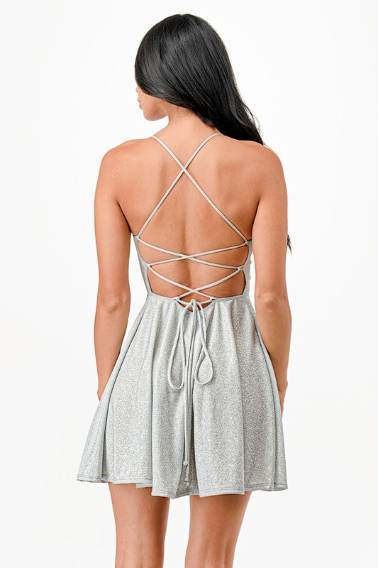Women Flattering Fit Sparkling Spaghetti Strap Cocktail Dress Zarnesh