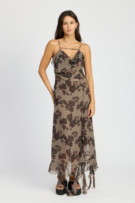 Women Flattering Floral Ruffle Sleeveless Fully Lined Maxi Dress Zarnesh