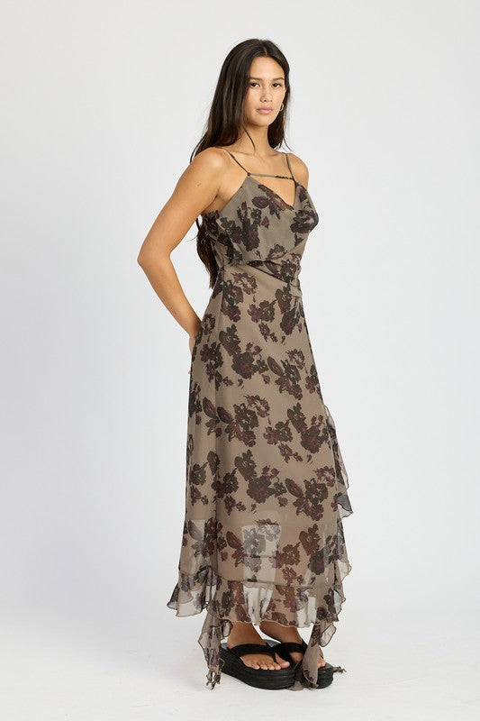 Women Flattering Floral Ruffle Sleeveless Fully Lined Maxi Dress Zarnesh
