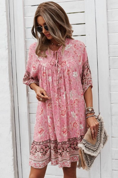 Women Floral Tie Neck Detail Short Sleeves Babydoll Shift Dress Zarnesh