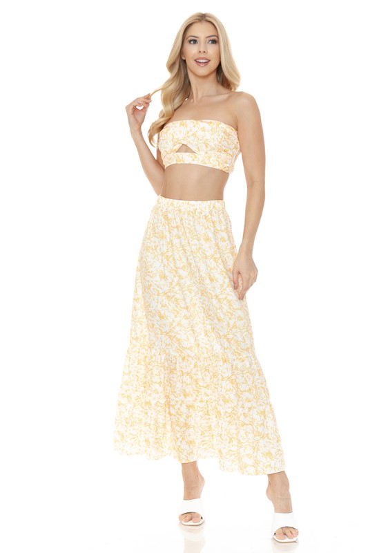Women Floral Ankle Length Maxi Skirt Strapless Fitted Top Set Zarnesh