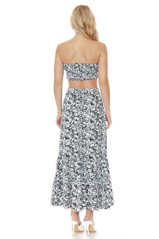 Women Floral Ankle Length Maxi Skirt Strapless Fitted Top Set Zarnesh