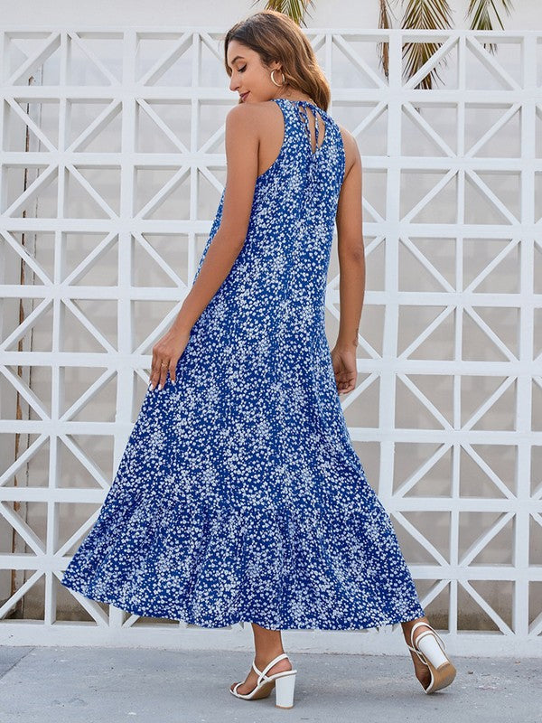 Women Floral Tied Back Round Neckline Sleeveless Ditsy Dress | Zarnesh