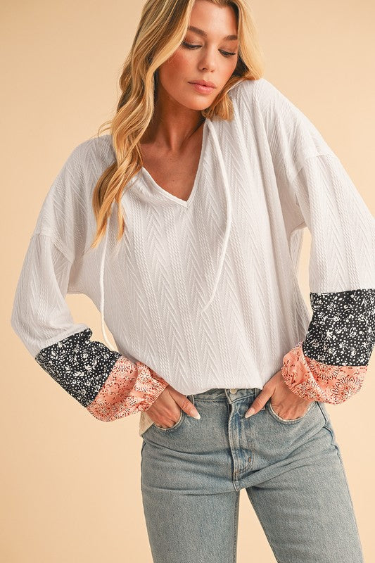 Women Floral Patchwork V Neck Drop Sleeve Drawstring Top Zarnesh