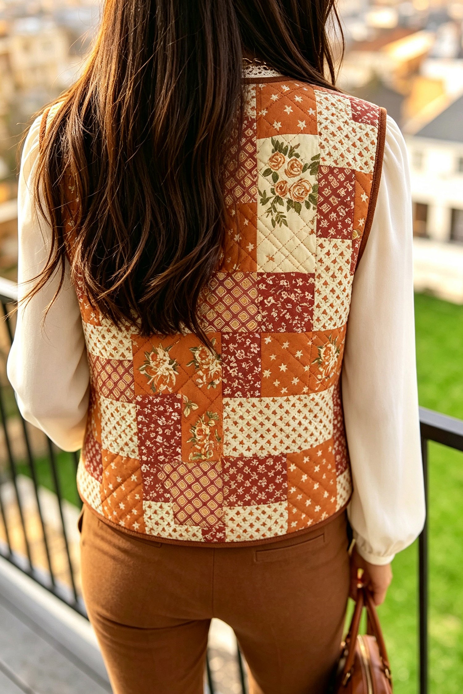 Woman viewed from behind wearing warm autumn patchwork quilted vest 