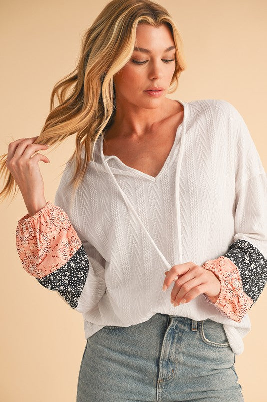 Women Floral Patchwork V Neck Drop Sleeve Drawstring Top Zarnesh