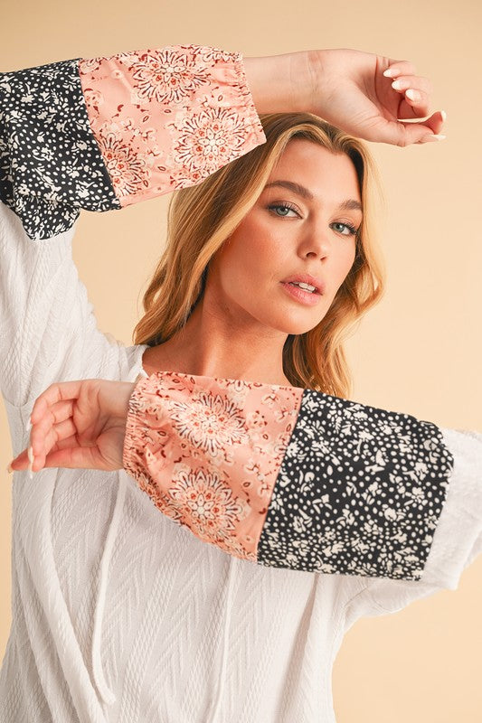 Women Floral Patchwork V Neck Drop Sleeve Drawstring Top Zarnesh