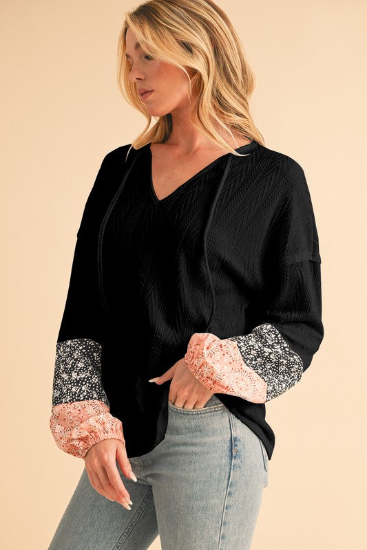Women Floral Patchwork V Neck Drop Sleeve Drawstring Top Zarnesh