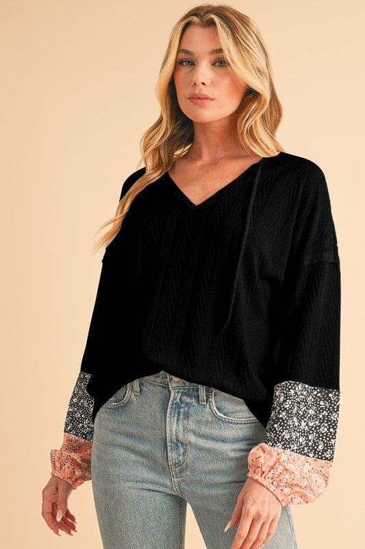 Women Floral Patchwork V Neck Drop Sleeve Drawstring Top Zarnesh