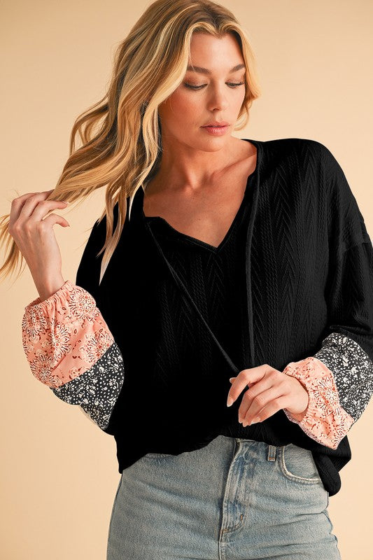 Women Floral Patchwork V Neck Drop Sleeve Drawstring Top Zarnesh