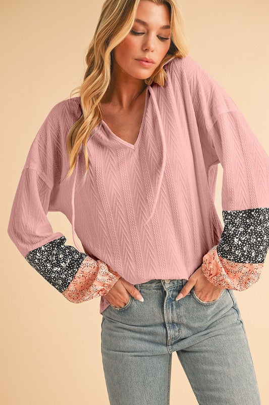 Women Floral Patchwork V Neck Drop Sleeve Drawstring Top Zarnesh