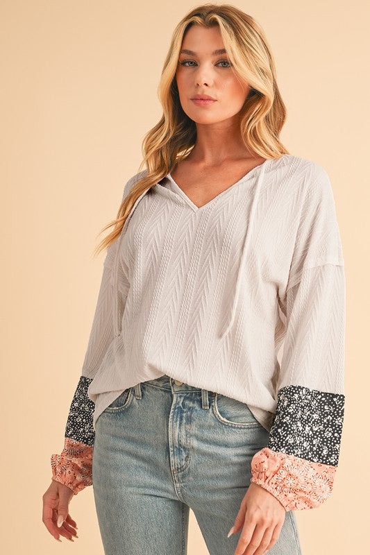 Women Floral Patchwork V Neck Drop Sleeve Drawstring Top Zarnesh