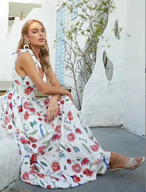 Women Floral Tie Shoulder Sleeveless V Neckline Maxi Dress Zarnesh