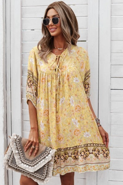 Women Floral Tie Neck Detail Short Sleeves Babydoll Shift Dress Zarnesh