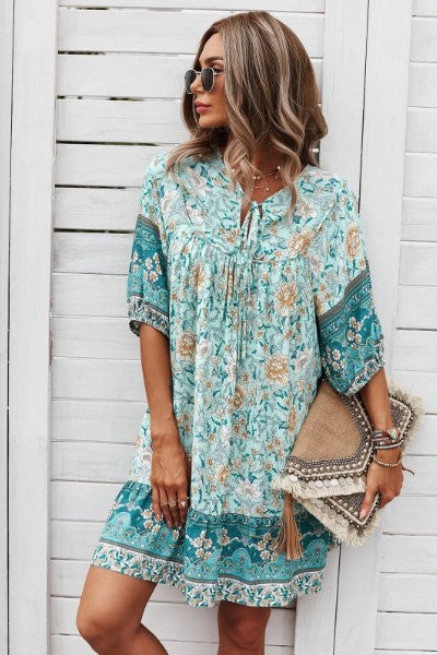 Women Floral Tie Neck Detail Short Sleeves Babydoll Shift Dress Zarnesh