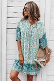 Women Floral Tie Neck Detail Short Sleeves Babydoll Shift Dress Zarnesh