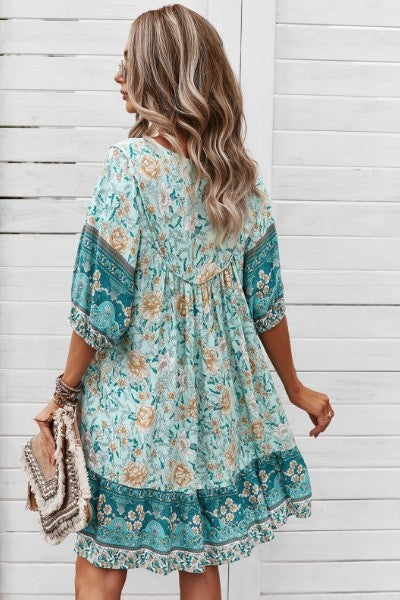 Women Floral Tie Neck Detail Short Sleeves Babydoll Shift Dress Zarnesh