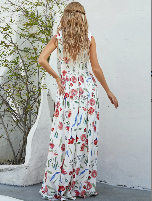 Women Floral Tie Shoulder Sleeveless V Neckline Maxi Dress Zarnesh