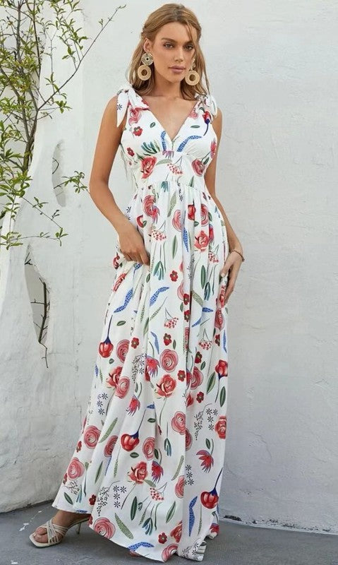 Women Floral Tie Shoulder Sleeveless V Neckline Maxi Dress Zarnesh