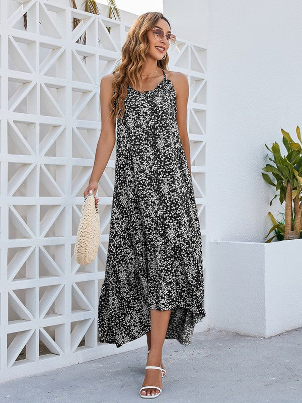 Women Floral Tied Back Round Neckline Sleeveless Ditsy Dress | Zarnesh