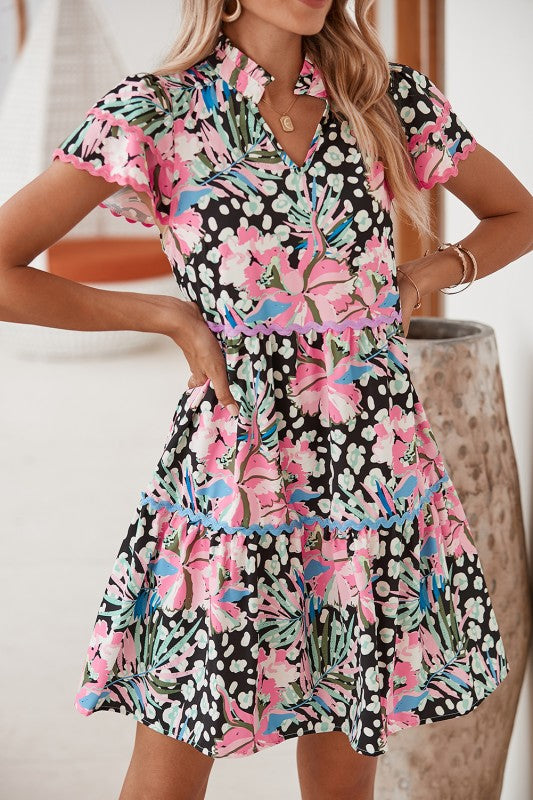Women Floral Tiered Short Sleeve Above Knee Mini Dress | Zarnesh