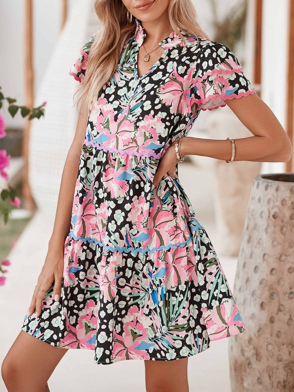 Women Floral Tiered Short Sleeve Above Knee Mini Dress | Zarnesh