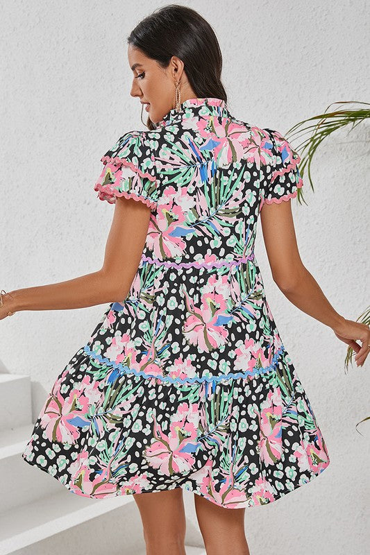 Women Floral V Neck Ricrac Embellished Tiered Mini Dress Zarnesh
