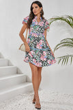 Women Floral V Neck Ricrac Embellished Tiered Mini Dress Zarnesh