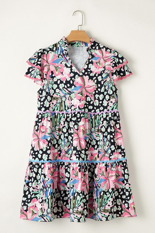 Women Floral V Neck Ricrac Embellished Tiered Mini Dress Zarnesh