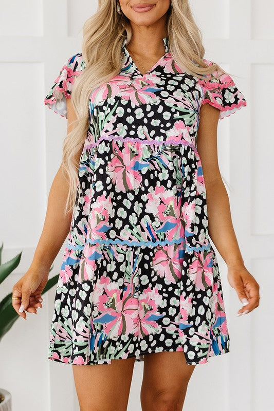 Women Floral V Neck Ricrac Embellished Tiered Mini Dress Zarnesh