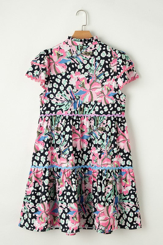 Women Floral V Neck Ricrac Embellished Tiered Mini Dress Zarnesh