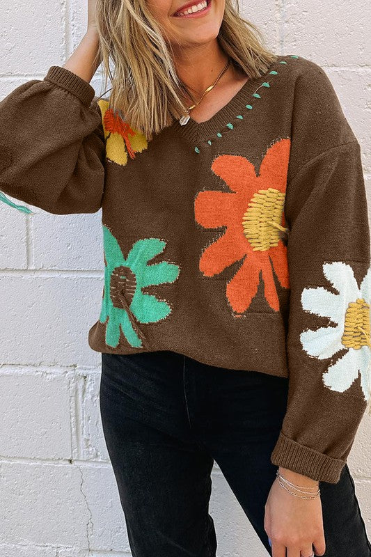 Women Flower Pattern V Neck Drop Loose Fit Shoulder Sweater Zarnesh