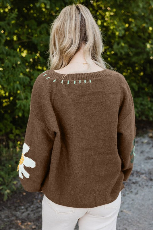 Women Flower Pattern V Neck Drop Loose Fit Shoulder Sweater Zarnesh
