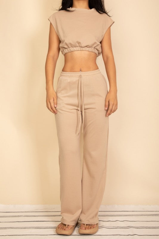 Women French Terry Crop Top Wide Leg Pants Set | Zarnesh