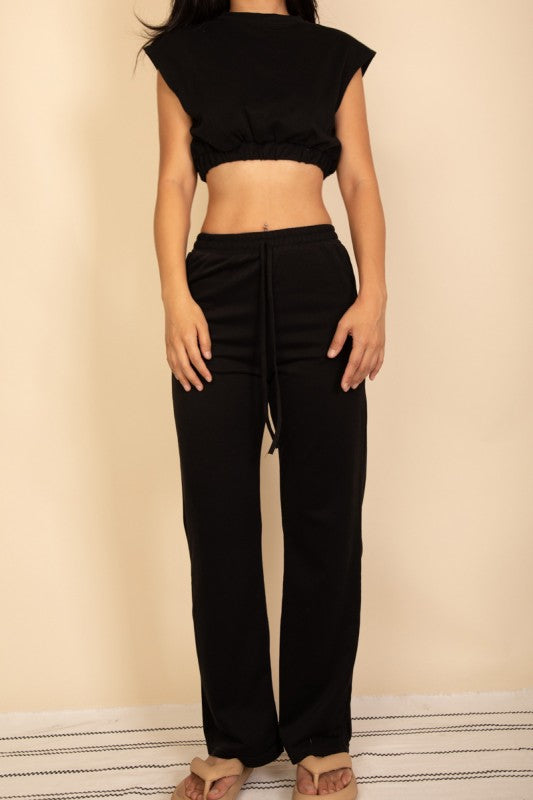 Women French Terry Crop Top Wide Leg Pants Set | Zarnesh