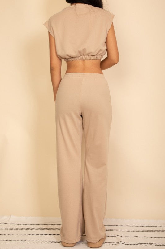 Women French Terry Crop Top Wide Leg Pants Set | Zarnesh