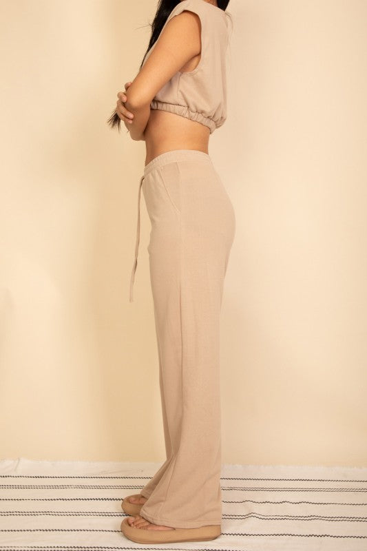 Women French Terry Crop Top Wide Leg Pants Set | Zarnesh