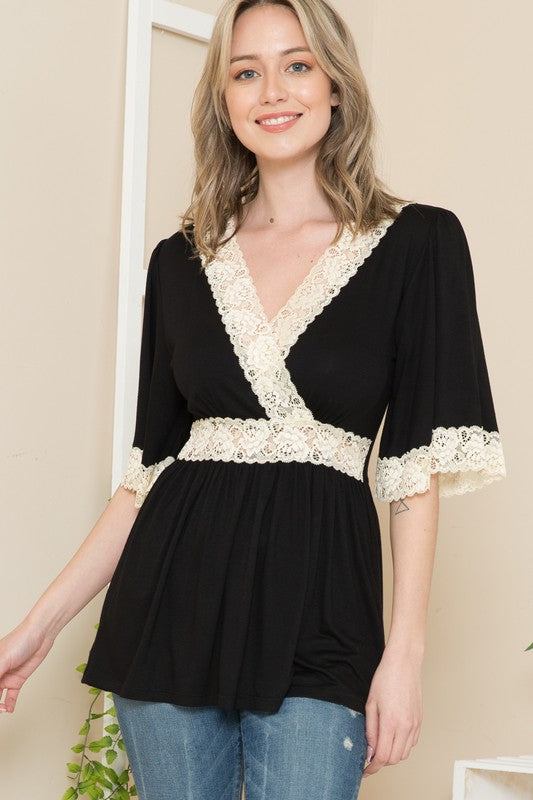 Women Front Wrap Lace Detailed Short Sleeve Tunic Top Zarnesh