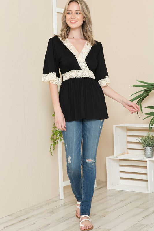 Women Front Wrap Lace Detailed Short Sleeve Tunic Top Zarnesh