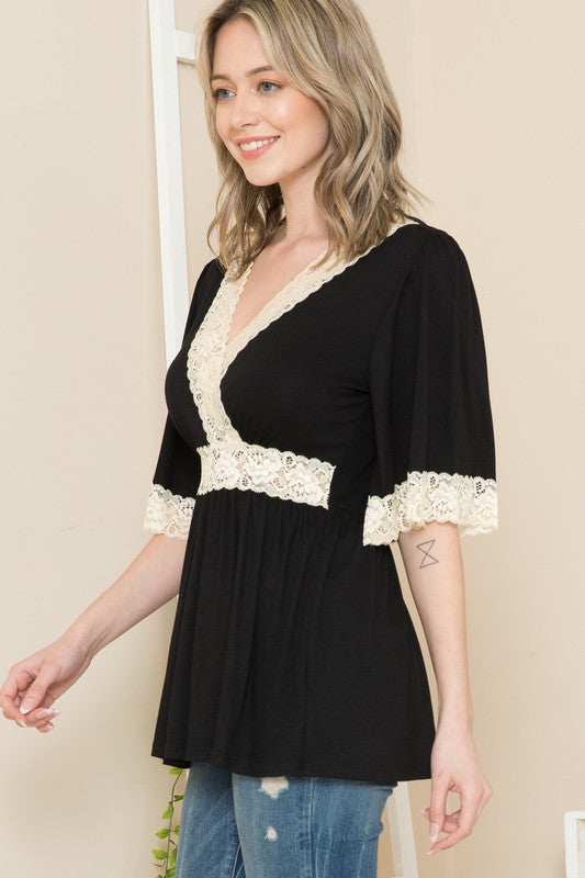 Women Front Wrap Lace Detailed Short Sleeve Tunic Top Zarnesh