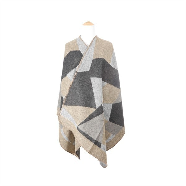 Women Geometric Open Front Pattern Oversized Pull On Poncho Zarnesh
